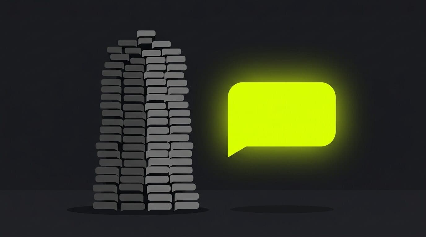 Ilustración: una pila de burbujas de mensaje grises contadas una por una frente a una sola burbuja grande destacada en amarillo volt