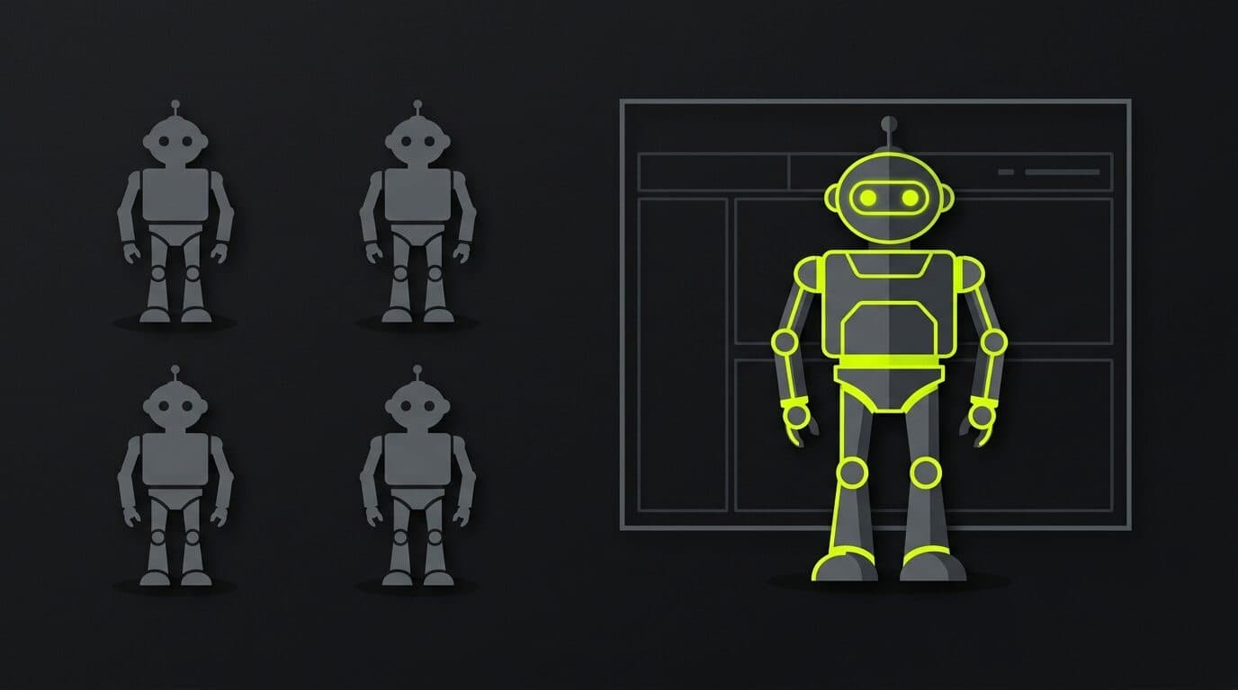 Ilustración: varias siluetas de robots idénticos en gris frente a un solo robot destacado en amarillo volt integrado a un panel de CRM