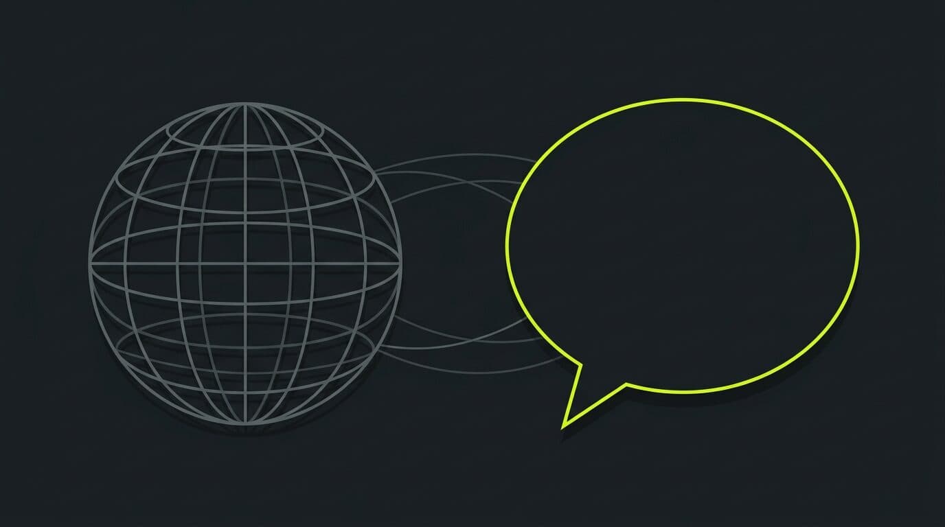 Ilustración: un globo terráqueo gris frente a una burbuja de chat destacada en amarillo volt sobre fondo oscuro