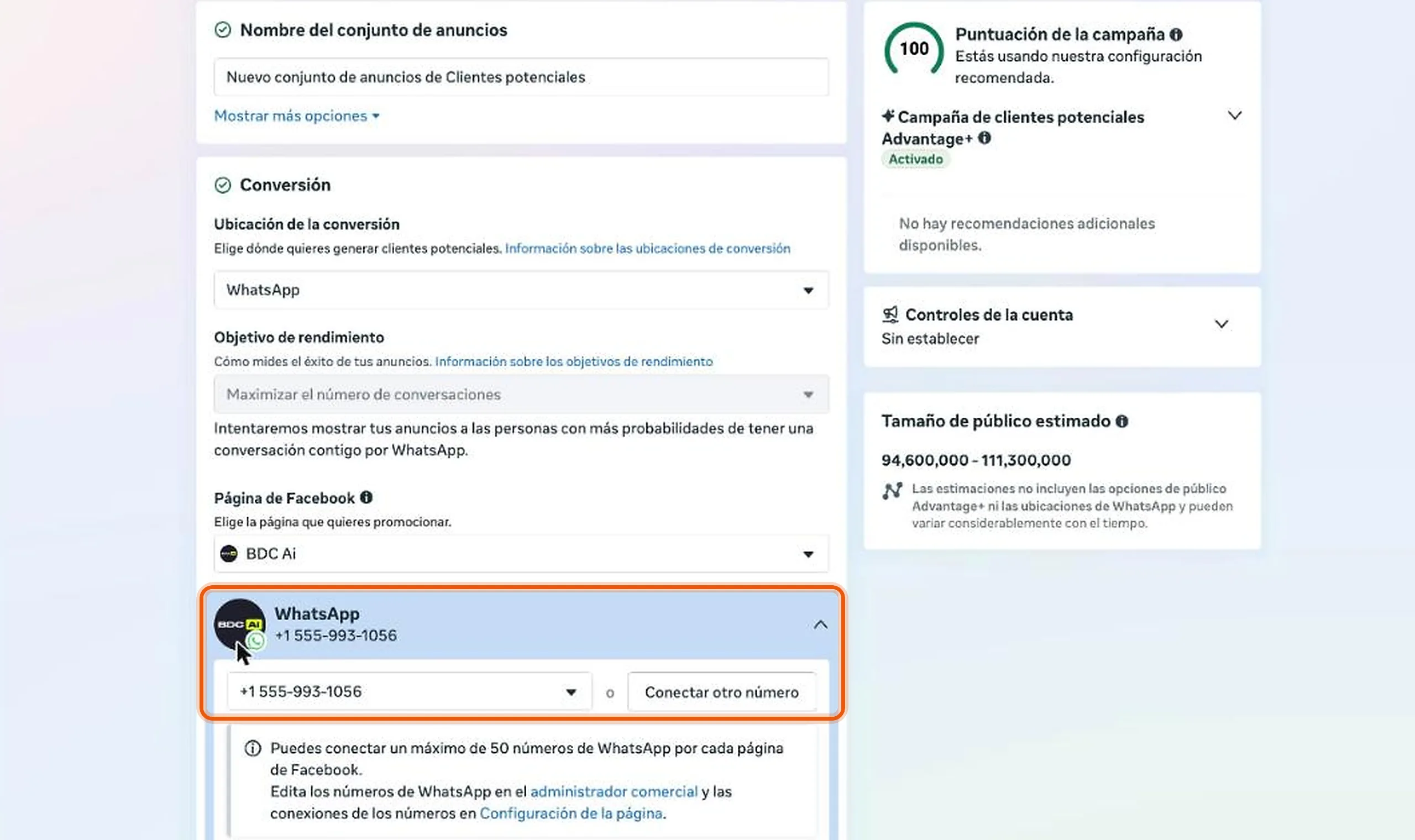 Sección Conversión con WhatsApp como ubicación y el número de WhatsApp de la página resaltado