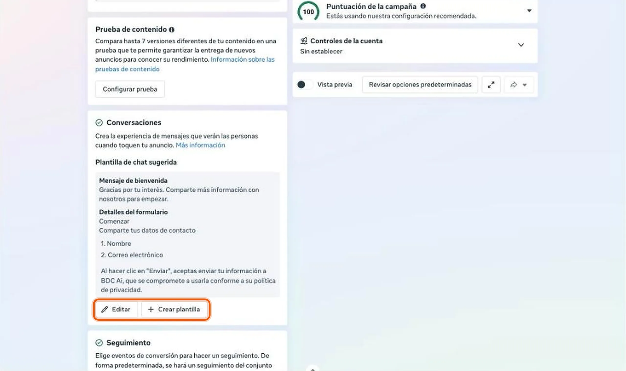 Sección Conversaciones del anuncio con los botones Editar y Crear plantilla resaltados