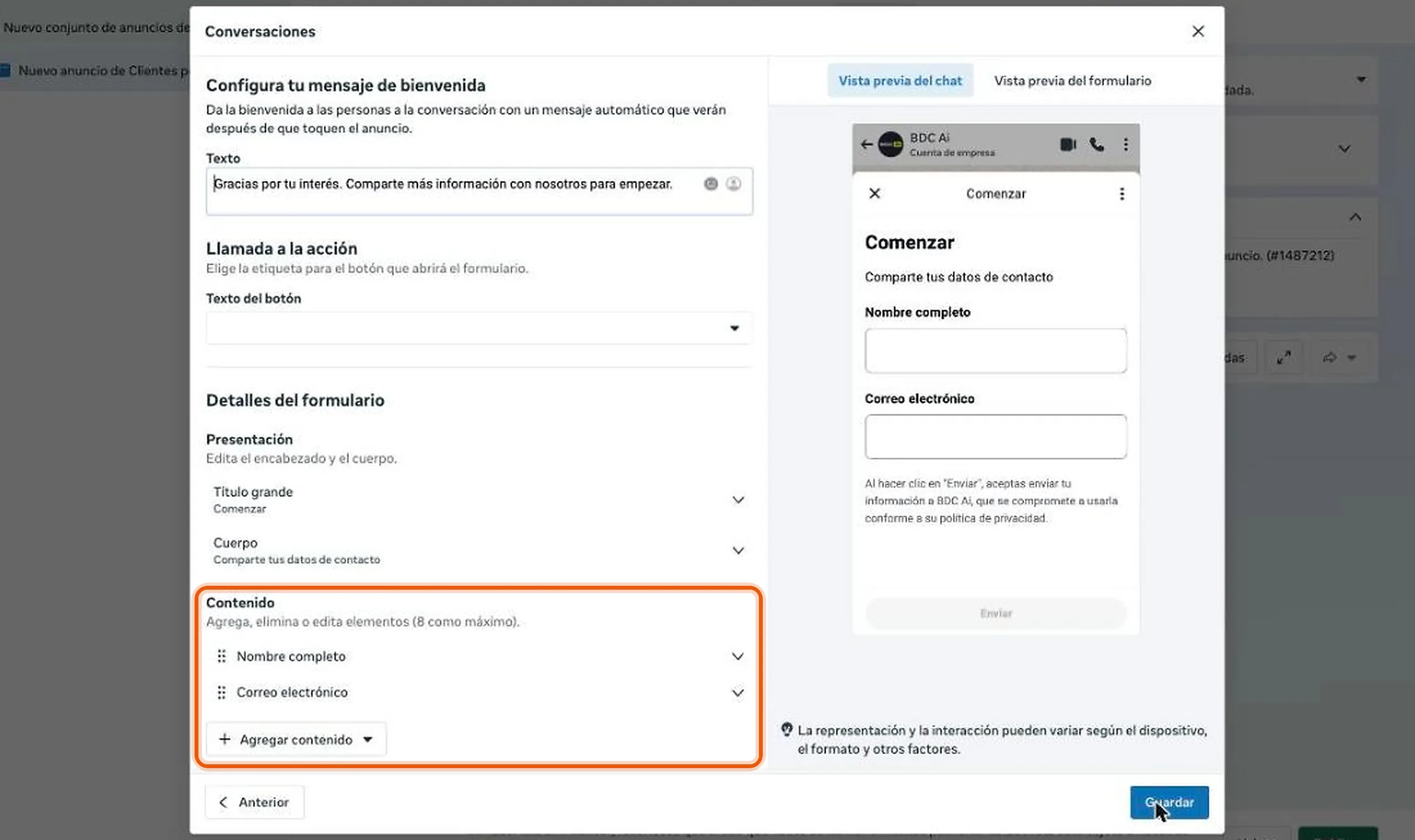 Editor del formulario de WhatsApp con el mensaje de bienvenida, el texto del botón y la lista Contenido resaltada