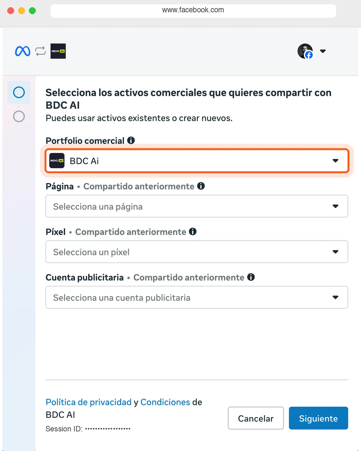 Ventana de Meta «Selecciona los activos comerciales que quieres compartir con BDC AI» con el portafolio comercial resaltado