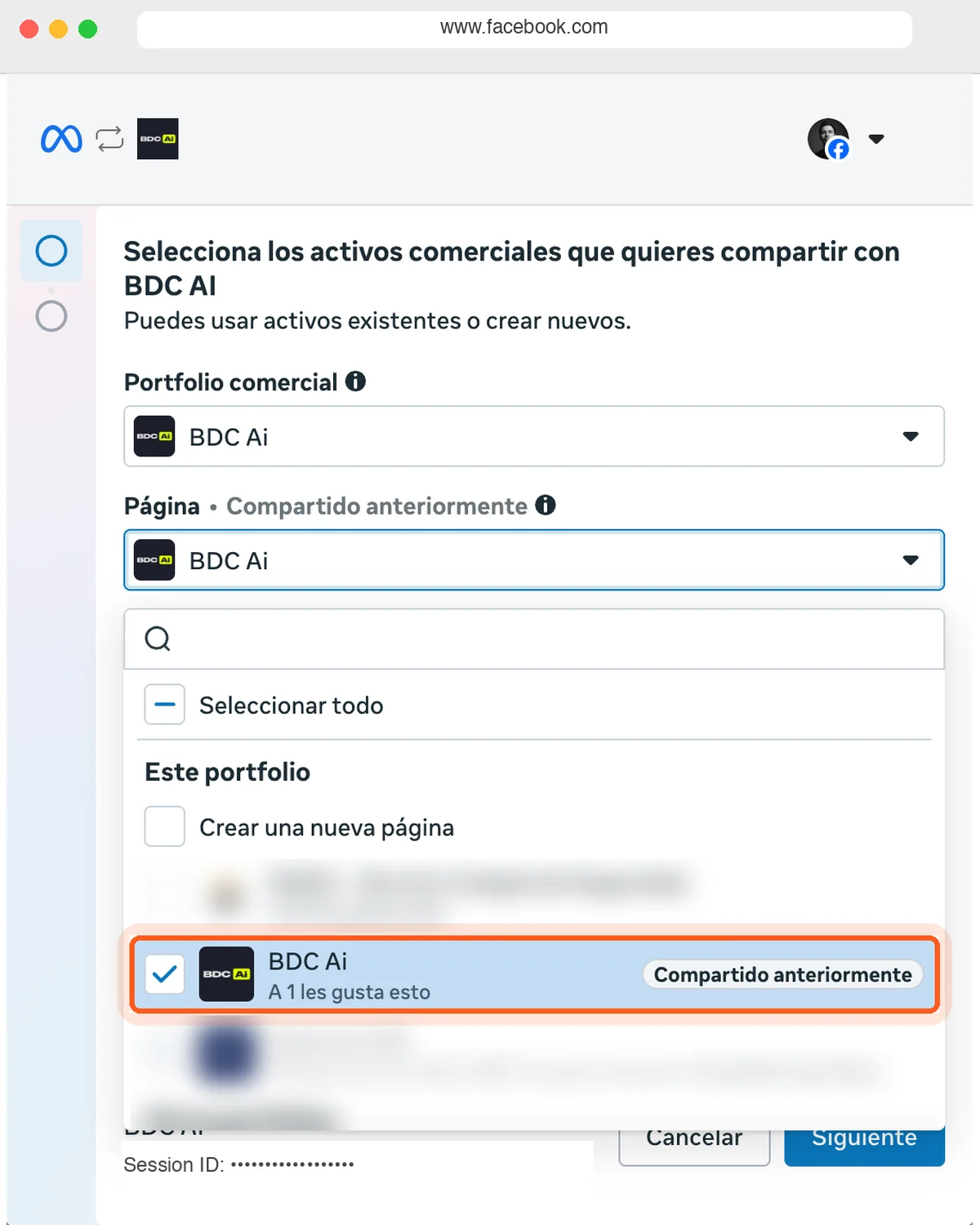 Selector de Página de Meta abierto con la página del negocio marcada y resaltada