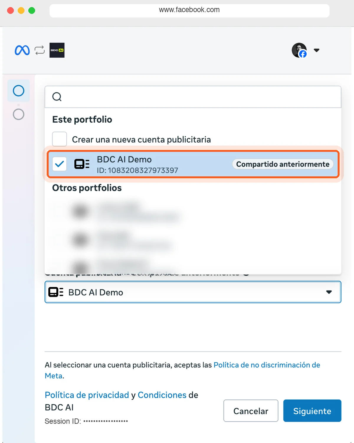 Selector de Cuenta publicitaria de Meta abierto con la cuenta del negocio marcada y resaltada