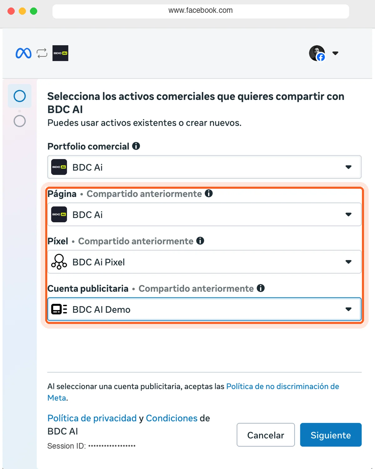 Ventana de Meta con Página, Píxel y Cuenta publicitaria elegidos y resaltados