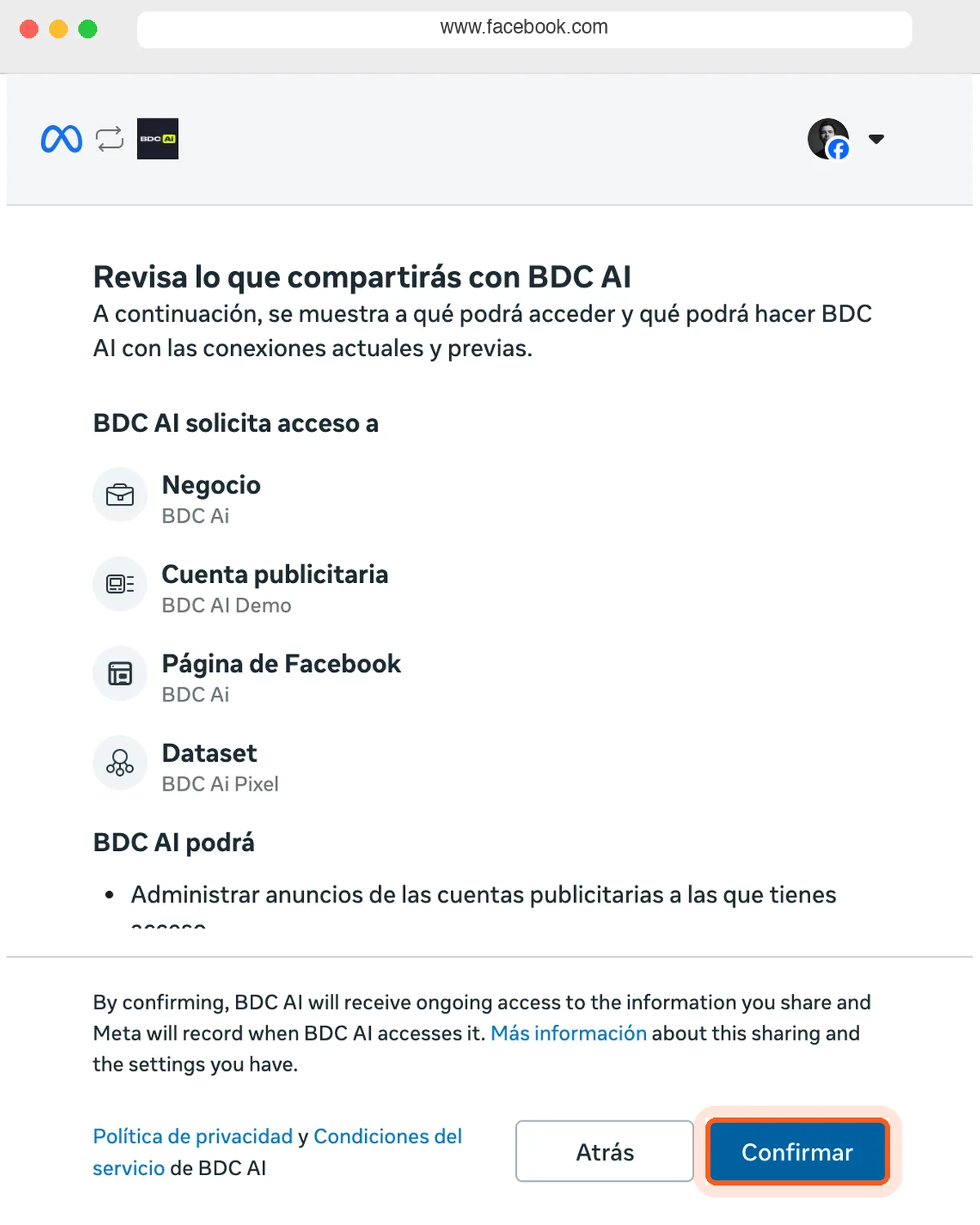 Pantalla de Meta «Revisa lo que compartirás con BDC AI» con el botón Confirmar resaltado