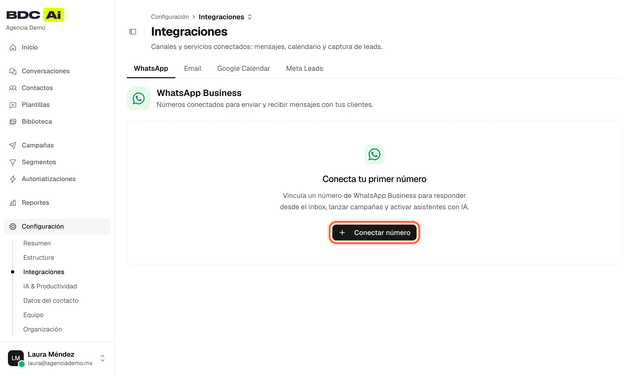 Pestaña WhatsApp de Integraciones con el botón Conectar número resaltado