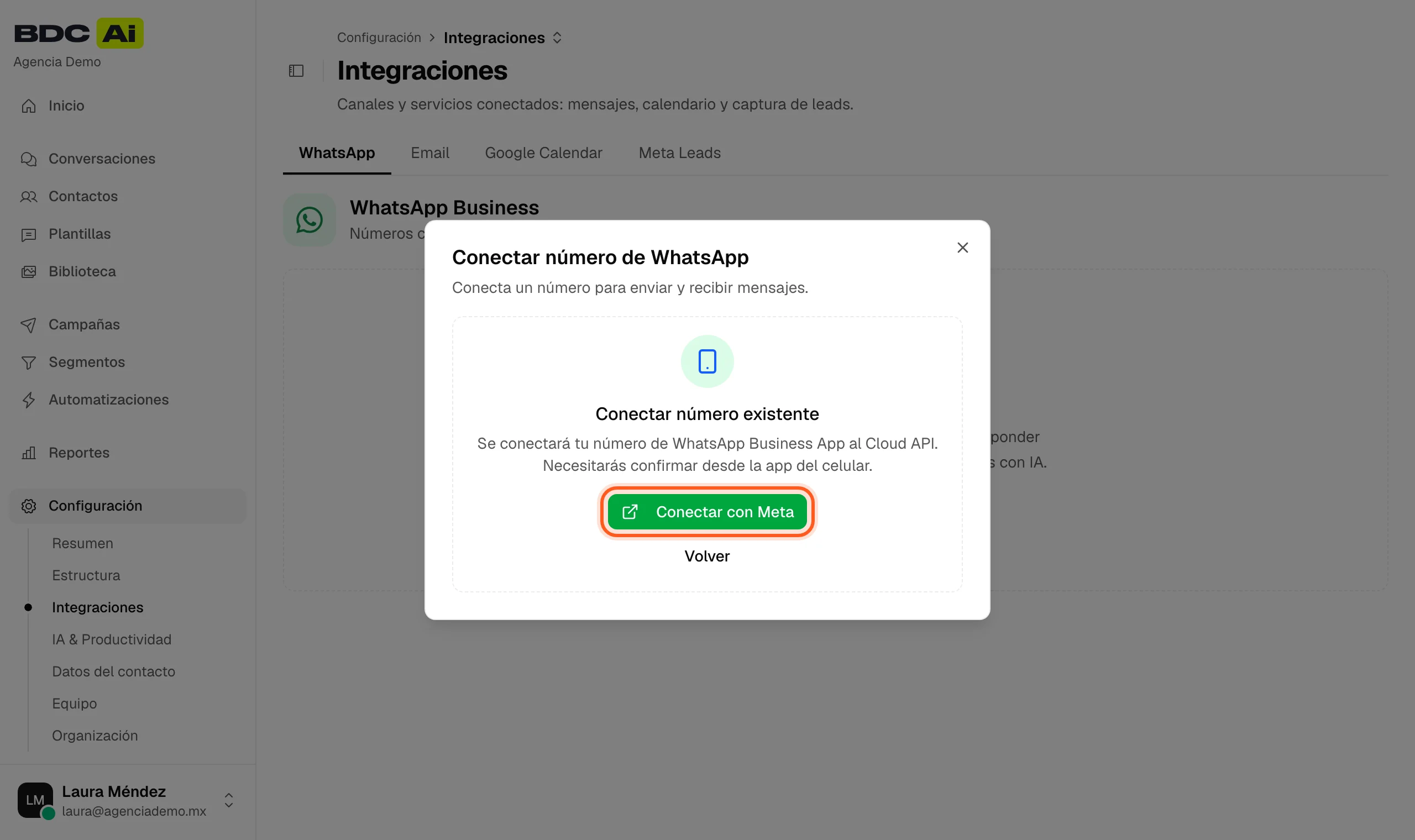 Diálogo Conectar número existente con el botón verde Conectar con Meta resaltado