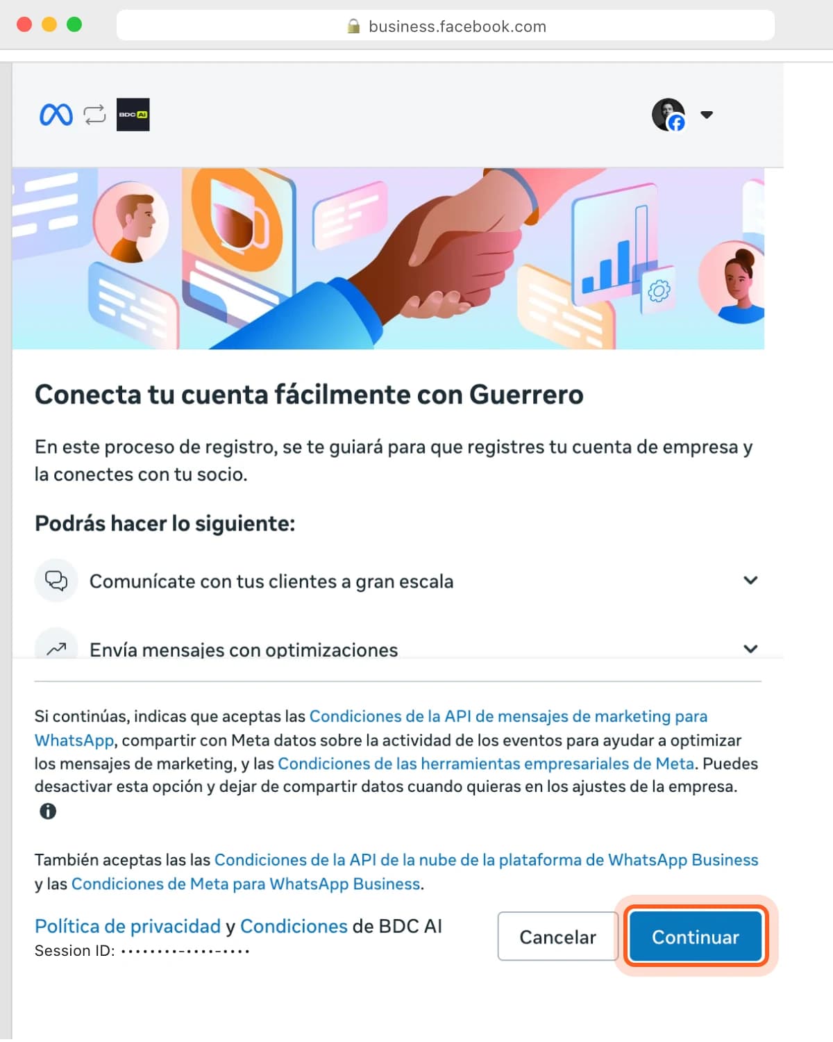 Ventana de Meta «Conecta tu cuenta fácilmente» con el botón Continuar resaltado