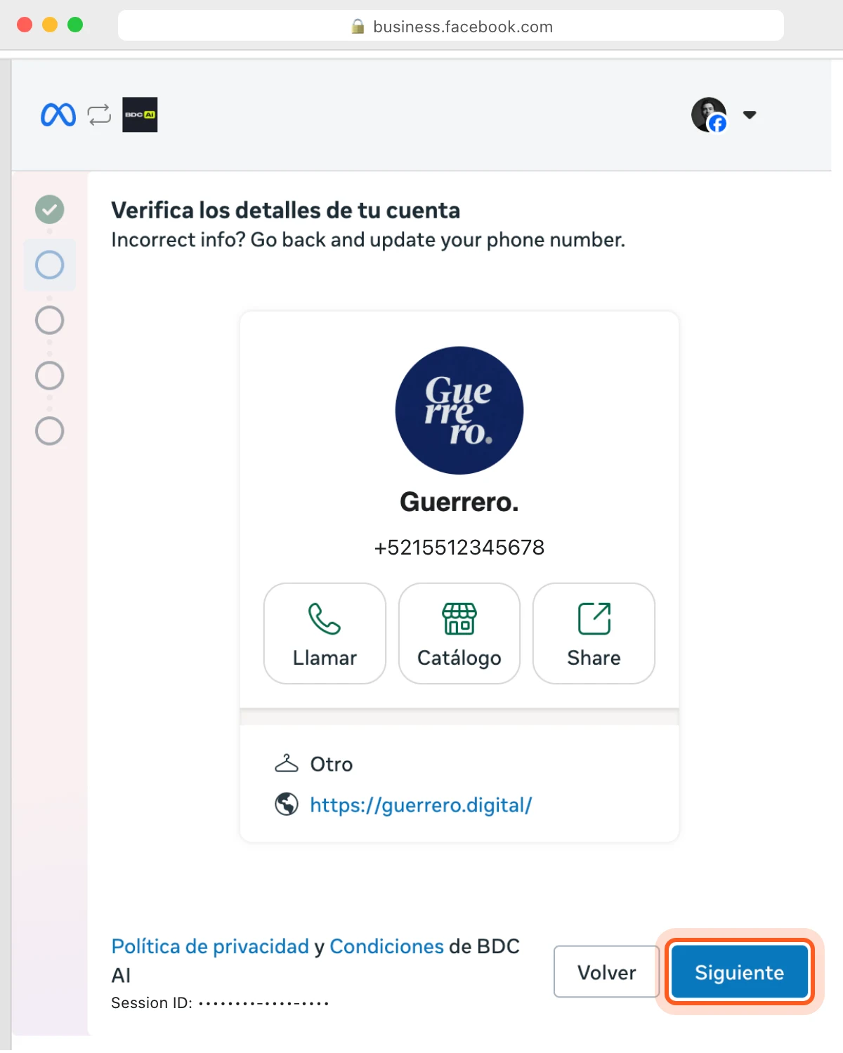 Paso de Meta «Verifica los detalles de tu cuenta» con el perfil de WhatsApp Business y el botón Siguiente resaltado