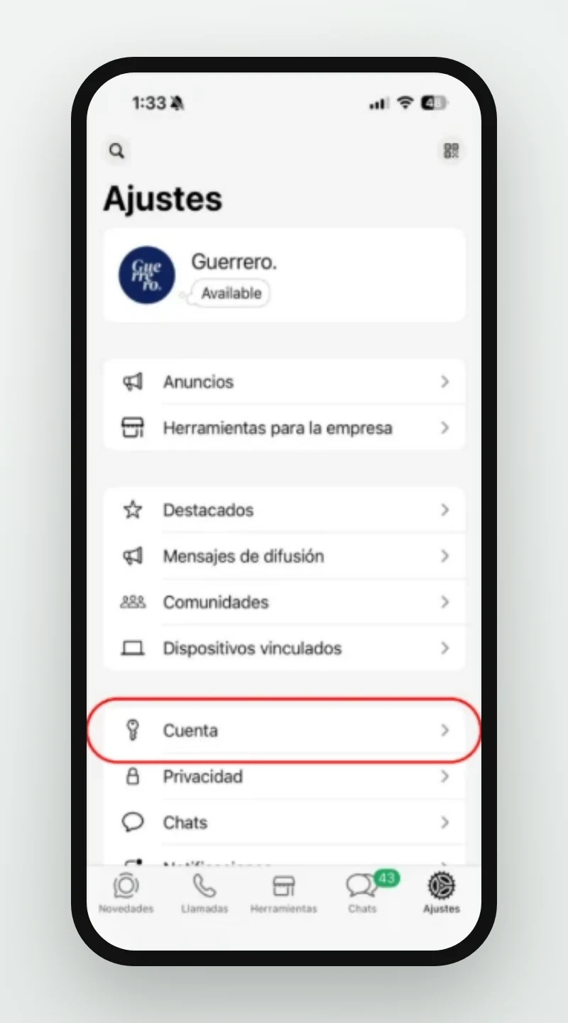 1 de 3: Ajustes de WhatsApp Business con la opción Cuenta resaltada