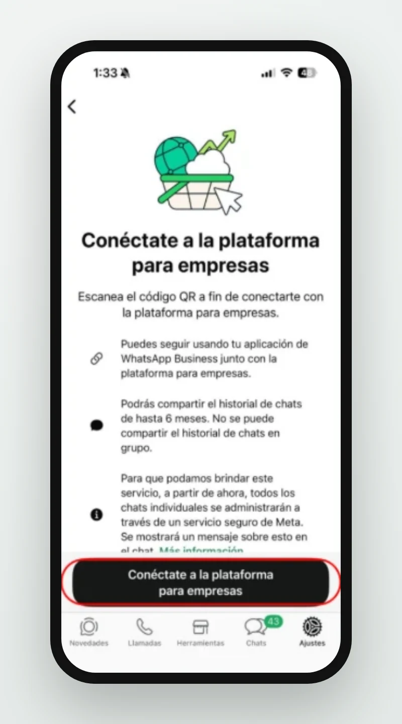 3 de 3: Pantalla Conéctate a la plataforma para empresas con su botón resaltado