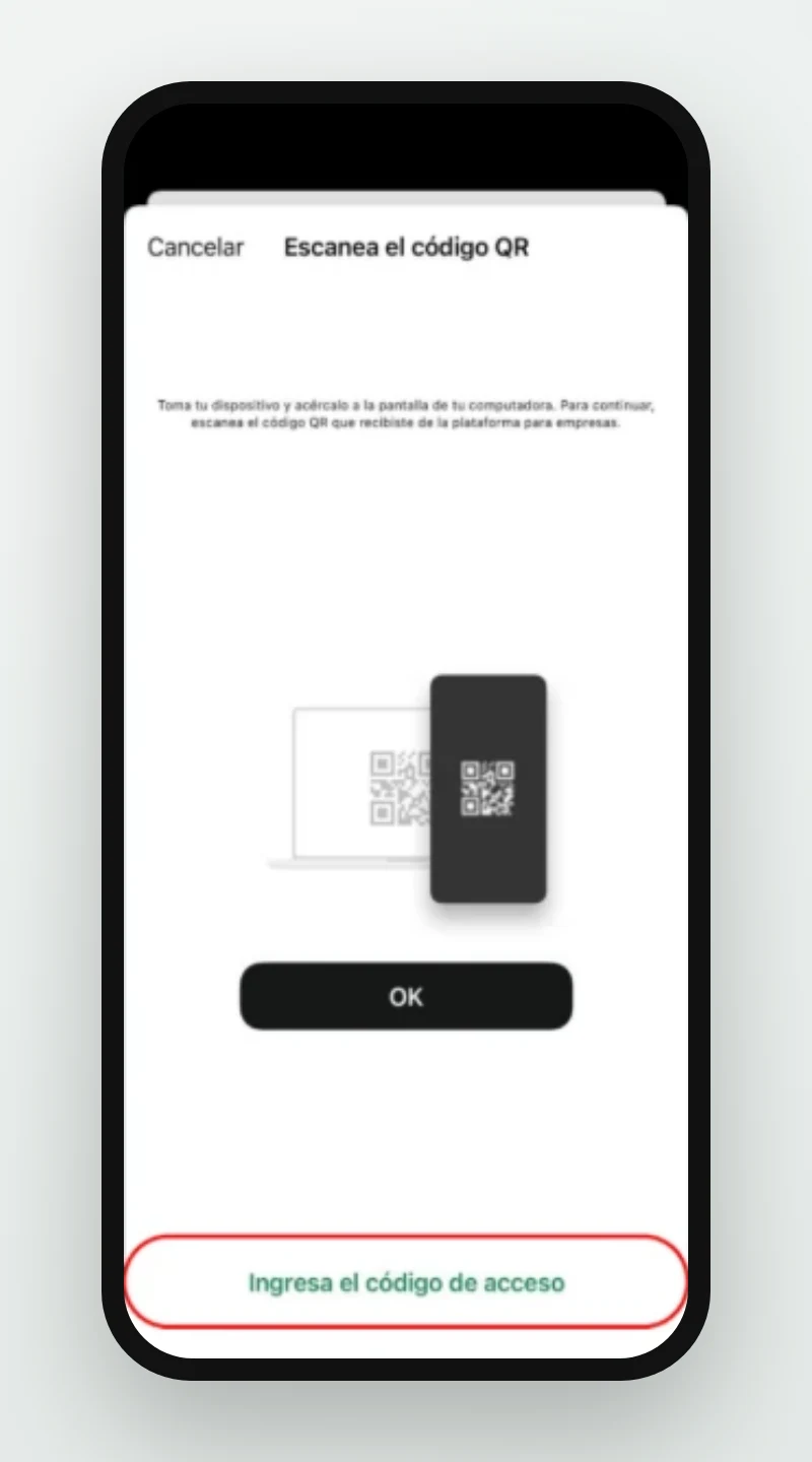 1 de 2: Pantalla Escanea el código QR con la opción Ingresa el código de acceso resaltada
