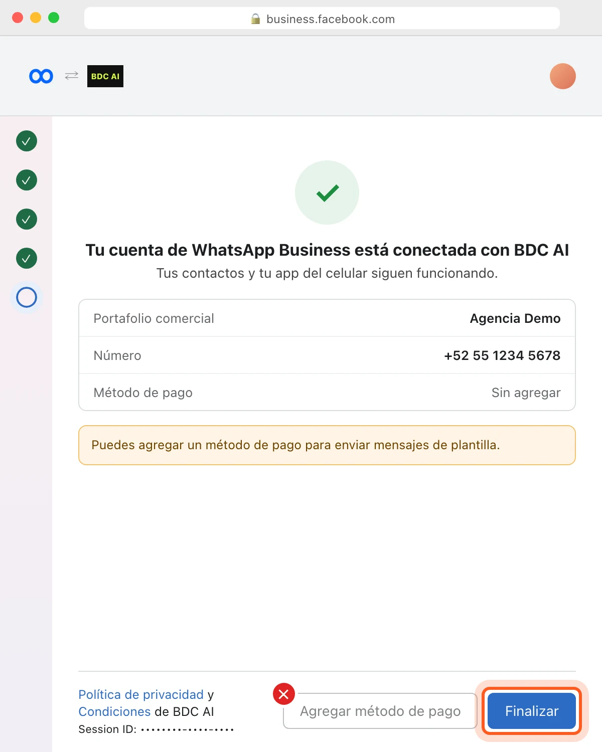 Última pantalla de Meta con el botón Agregar método de pago tachado y el botón Finalizar resaltado