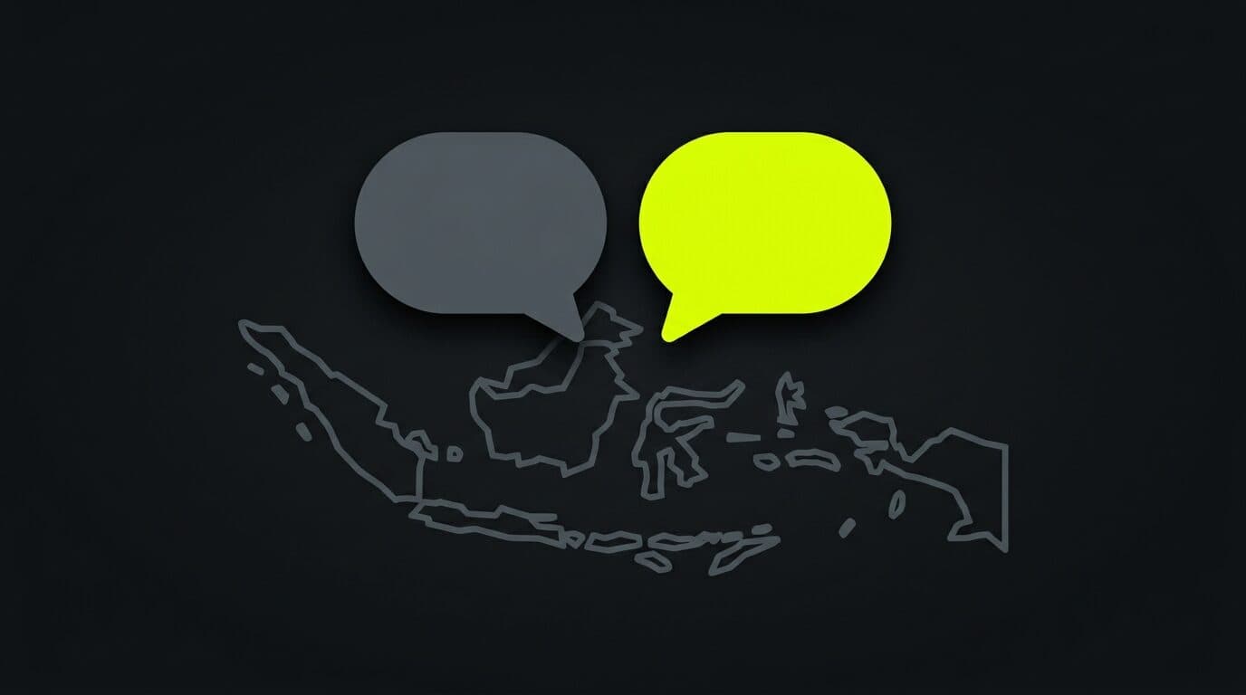 Ilustración: dos burbujas de chat frente a frente sobre un mapa estilizado, la de la derecha destacada en amarillo volt