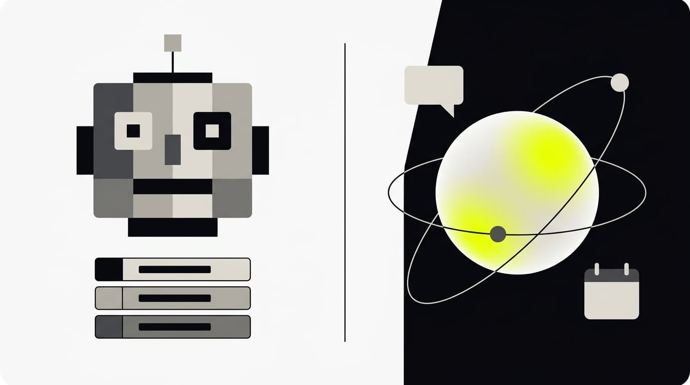 Ilustración: un robot rígido de bloques con menús de botones frente a una esfera fluida conectada a un chat y un calendario