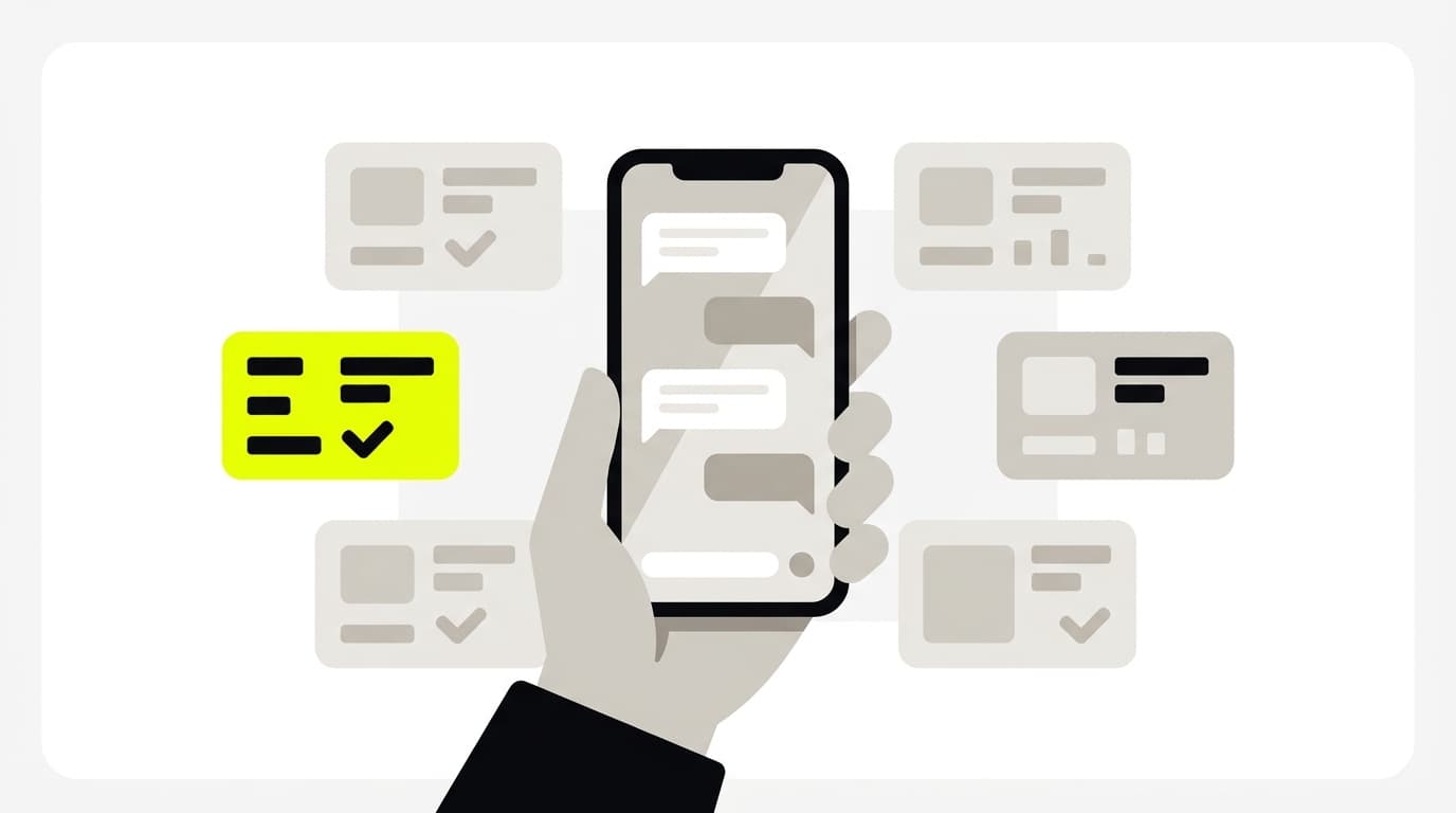 Ilustración: un teléfono con chats de WhatsApp rodeado de tarjetas comparativas, una destacada en amarillo
