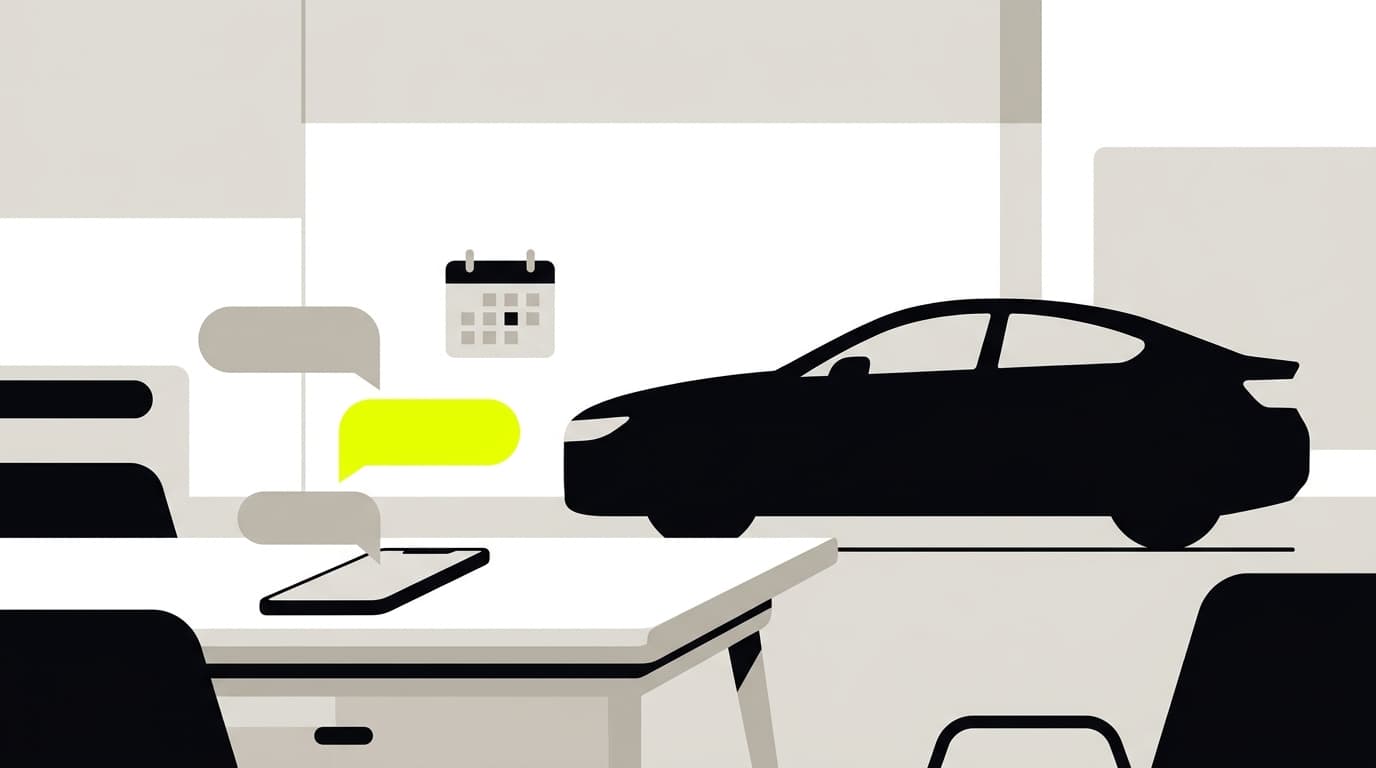 Ilustración: piso de ventas de una agencia con un auto, un teléfono con mensajes de WhatsApp y un calendario de citas