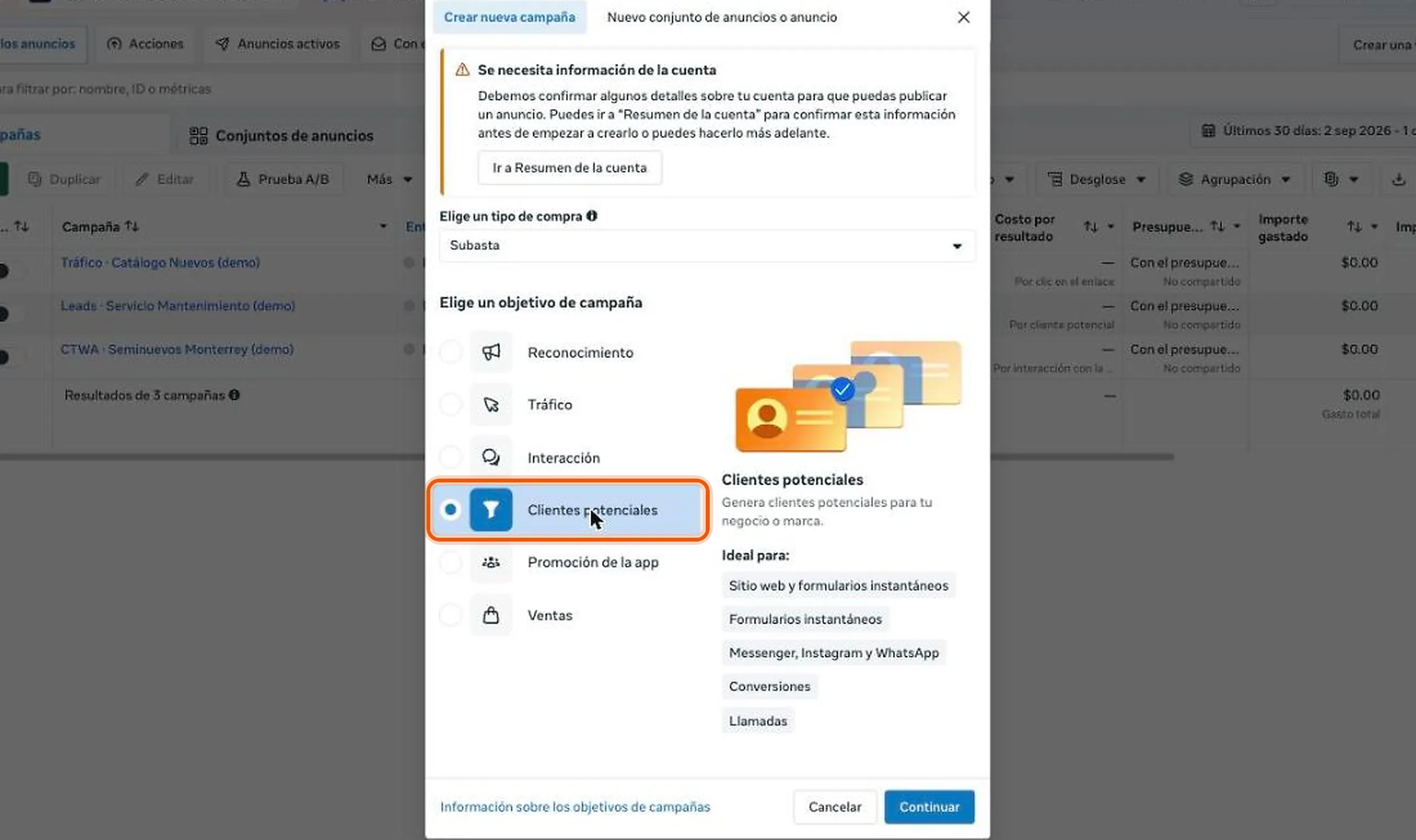 Ventana Crear nueva campaña del Administrador de anuncios con el objetivo Clientes potenciales resaltado