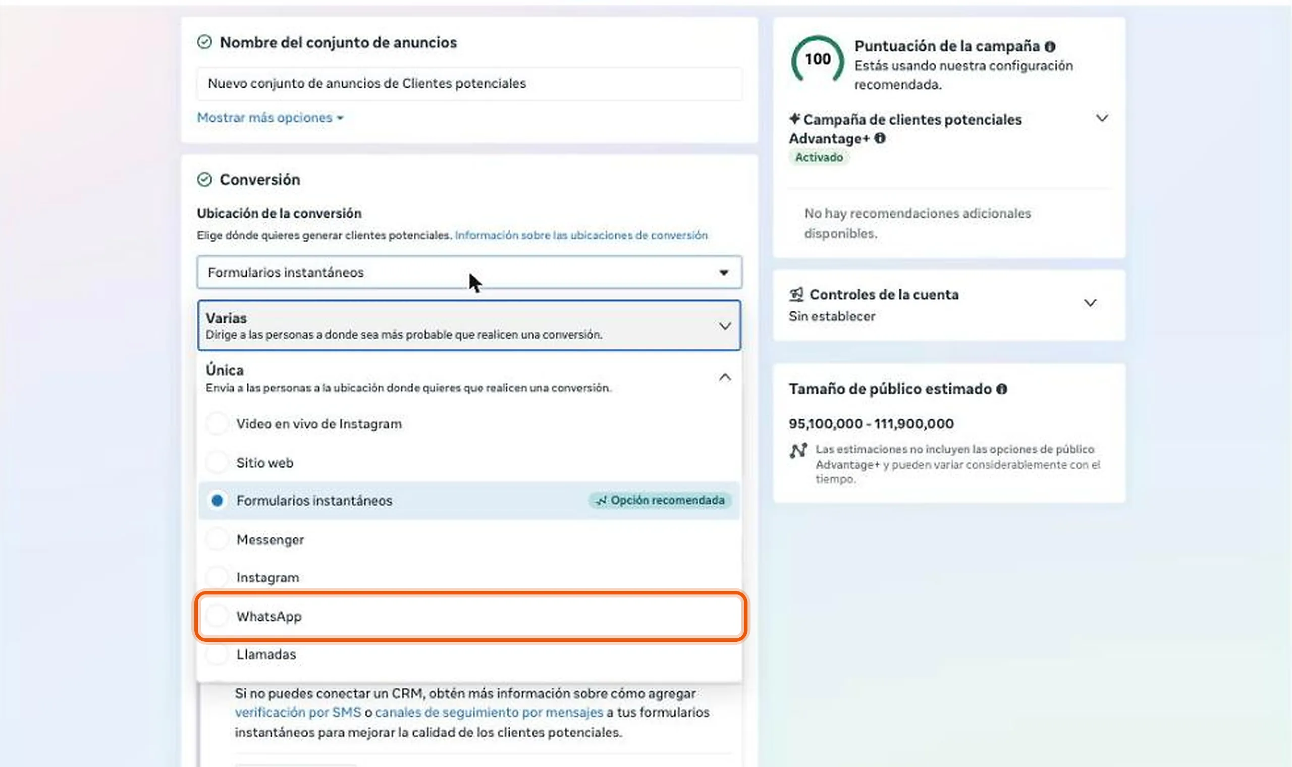 Lista Ubicación de la conversión abierta con la opción WhatsApp resaltada
