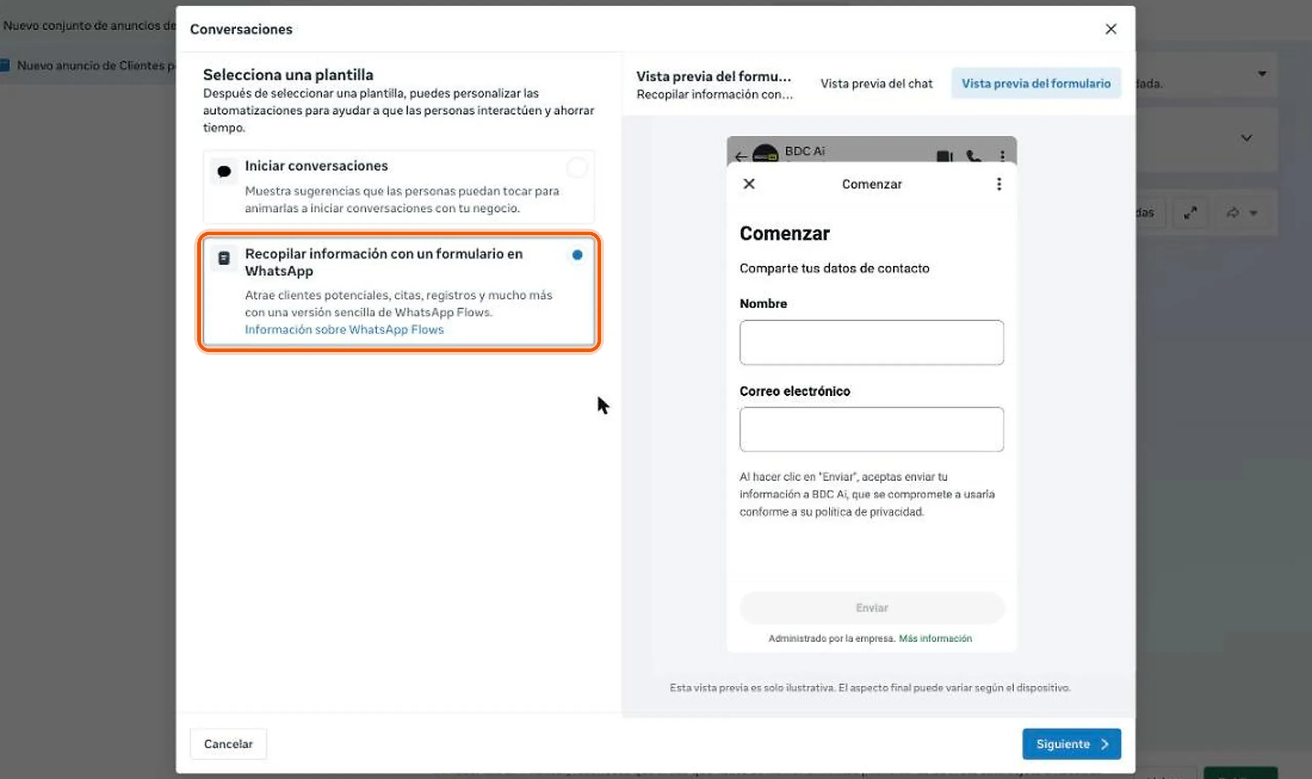 Ventana Selecciona una plantilla con la opción Recopilar información con un formulario en WhatsApp resaltada y la vista previa del formulario