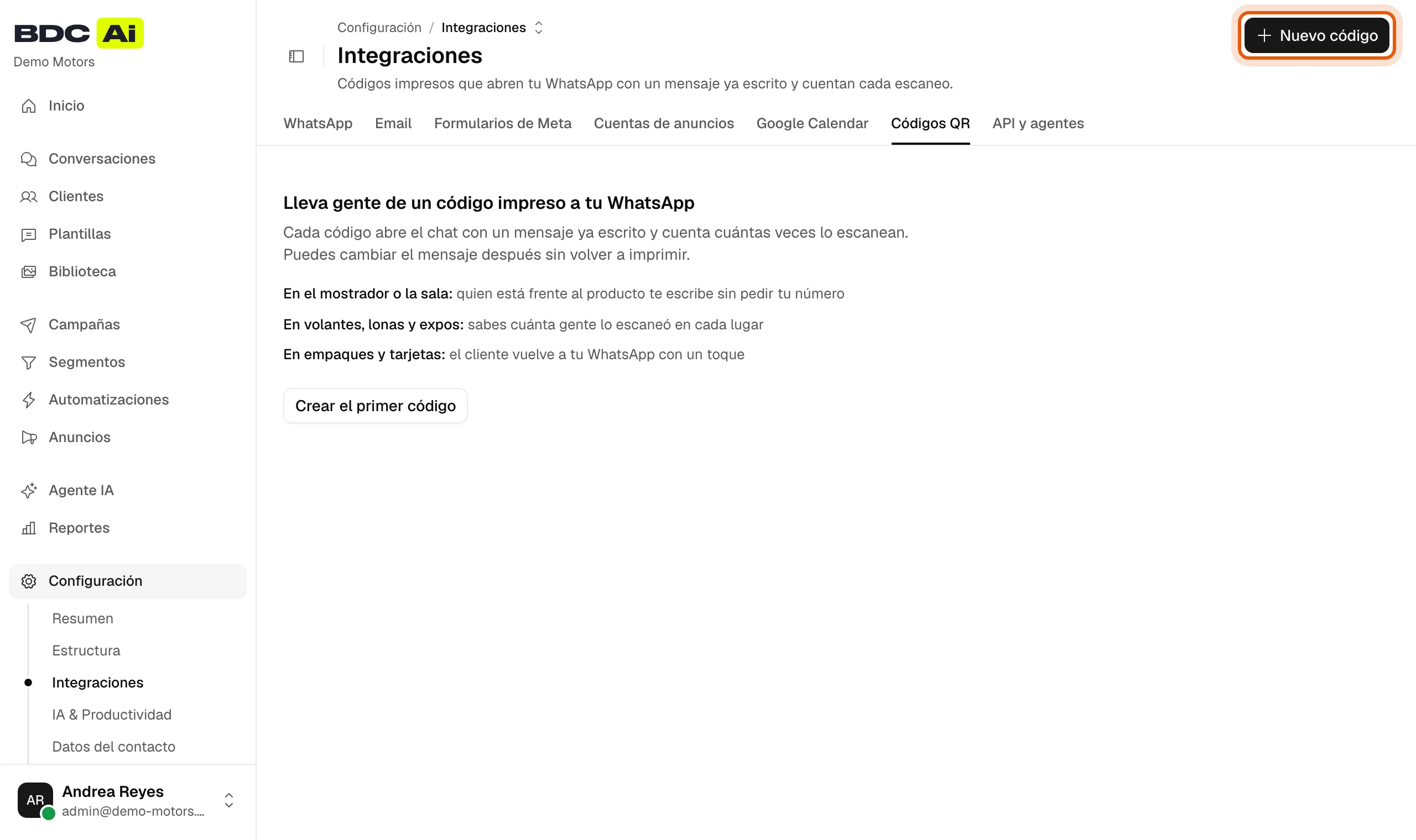 Pestaña Códigos QR de Integraciones vacía, con el botón Nuevo código resaltado
