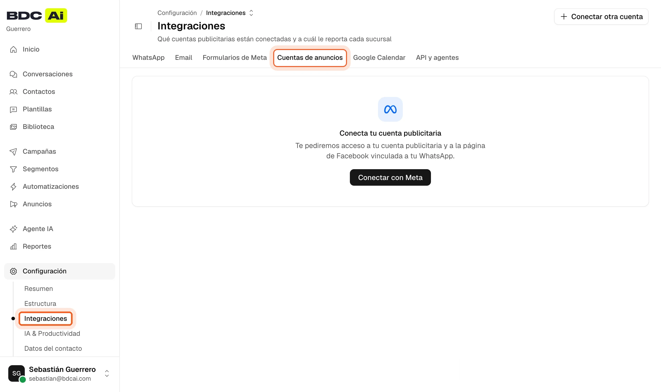 Integraciones de BDC AI con Integraciones en el menú y la pestaña Cuentas de anuncios resaltadas