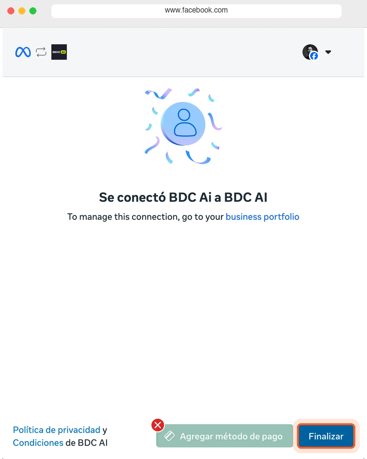 Pantalla de Meta «Se conectó» con el botón Agregar método de pago tachado y el botón Finalizar resaltado