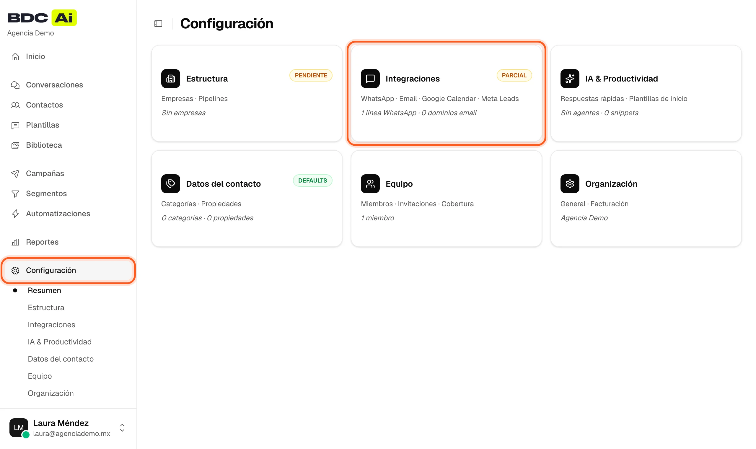 Pantalla de Configuración de BDC AI con el menú Configuración y la tarjeta Integraciones resaltados