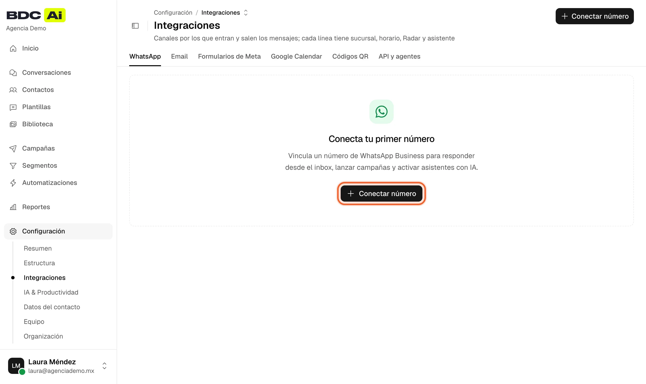 Pestaña WhatsApp de Integraciones con el botón Conectar número resaltado