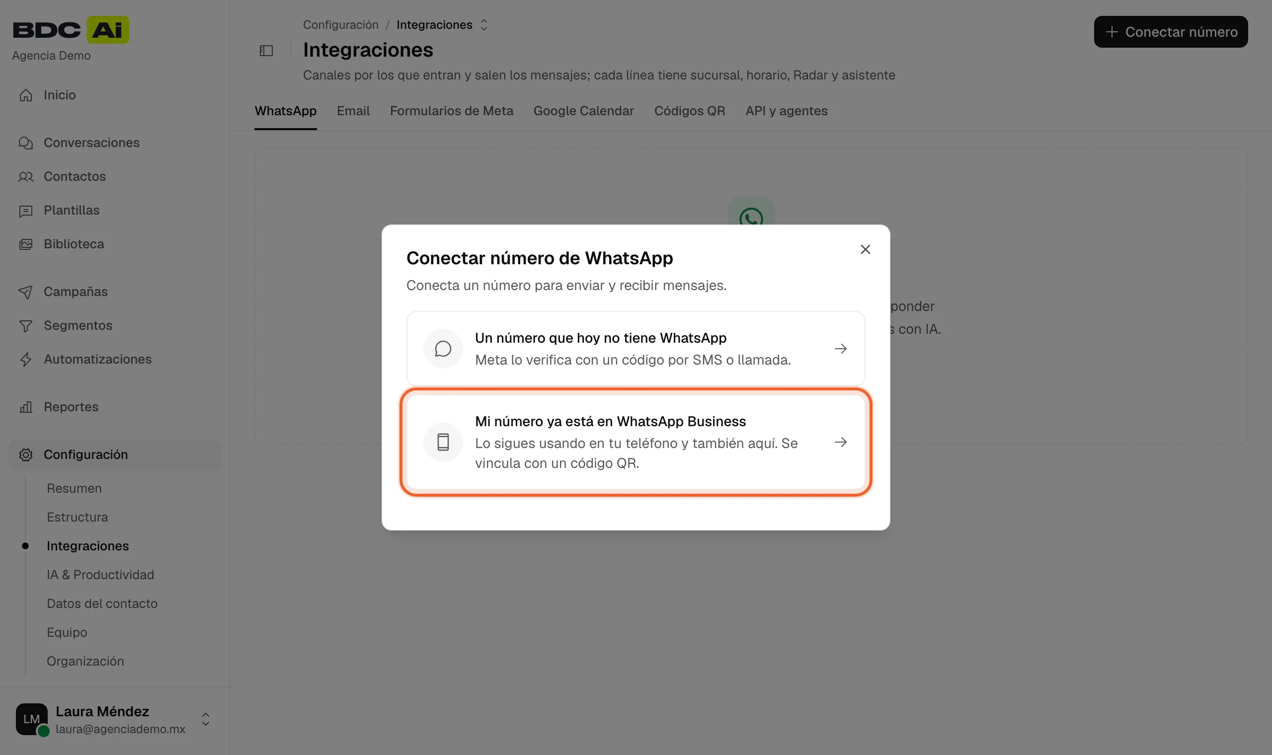 Diálogo Conectar número de WhatsApp con la tarjeta Mi número ya está en WhatsApp Business resaltada