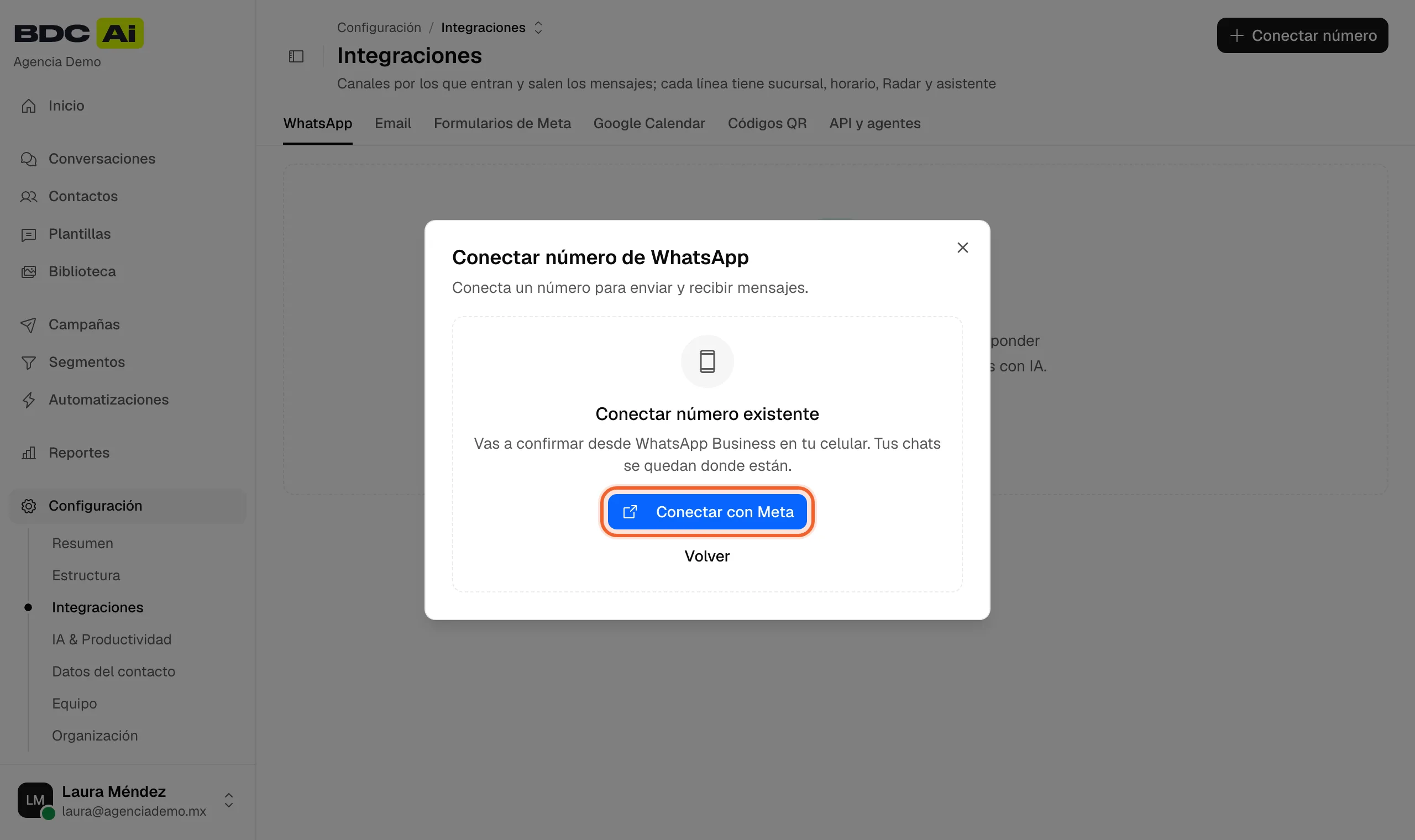 Diálogo Conectar número existente con el botón Conectar con Meta resaltado