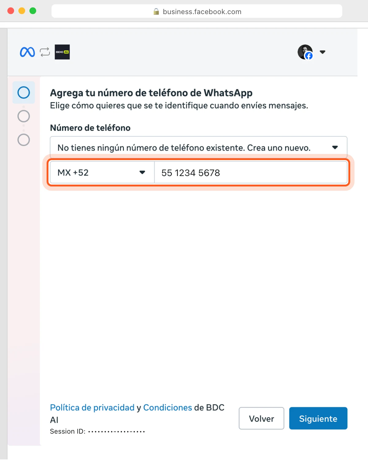 Paso de Meta «Agrega tu número de teléfono de WhatsApp» con el campo del número resaltado