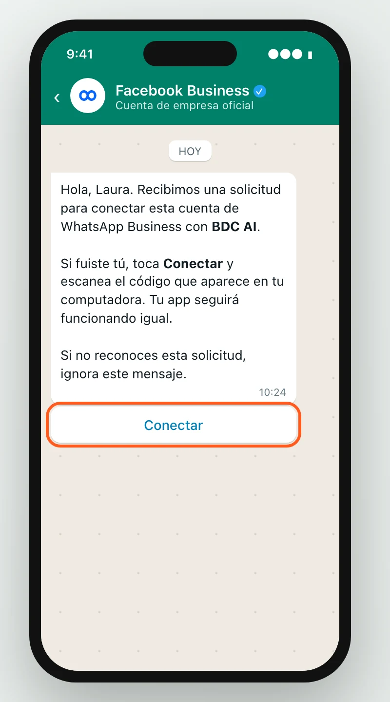Celular con WhatsApp Business mostrando el mensaje de Facebook Business y el botón Conectar resaltado