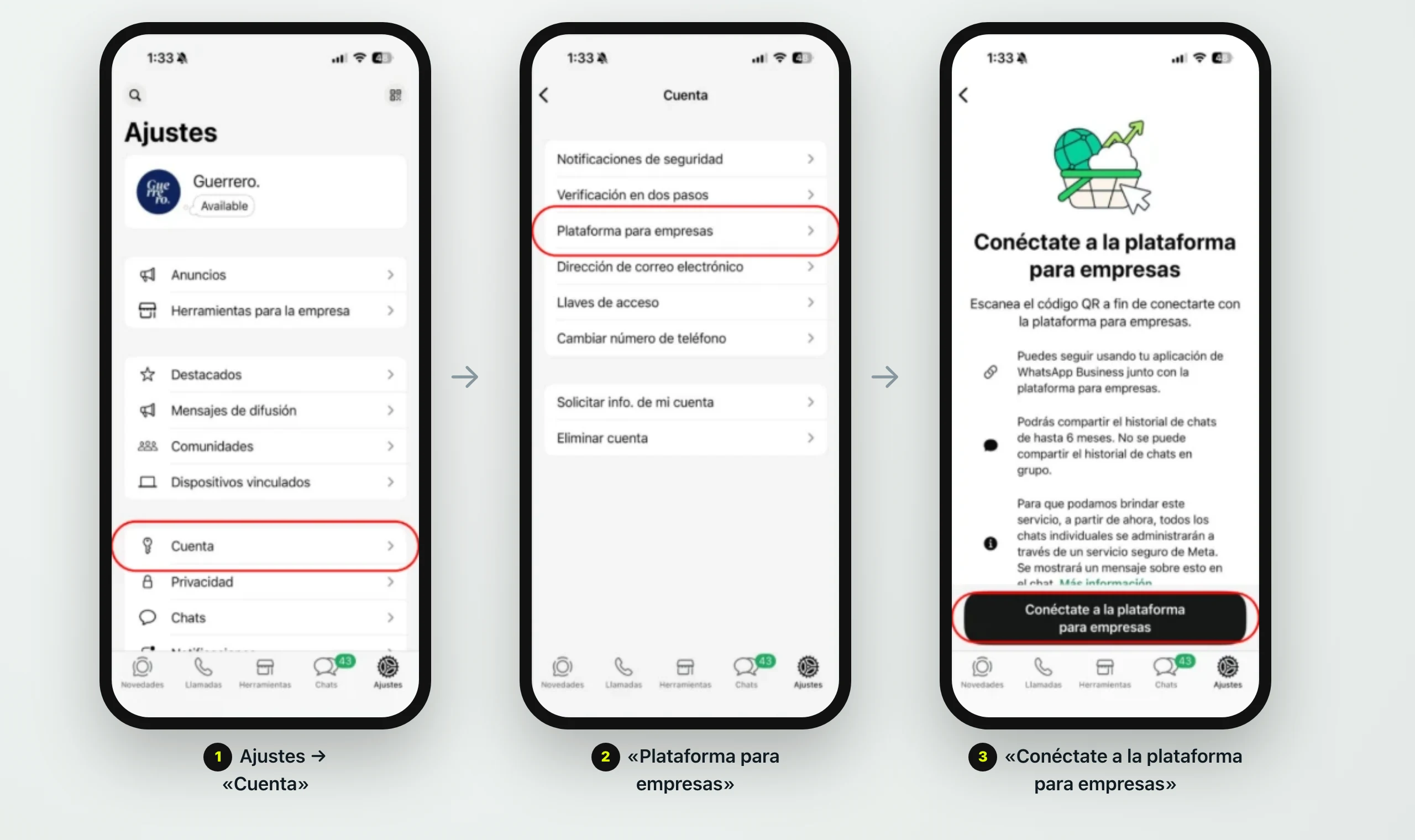 Tres pantallas de WhatsApp Business: Ajustes con Cuenta resaltado, Cuenta con Plataforma para empresas resaltado y el botón Conéctate a la plataforma para empresas
