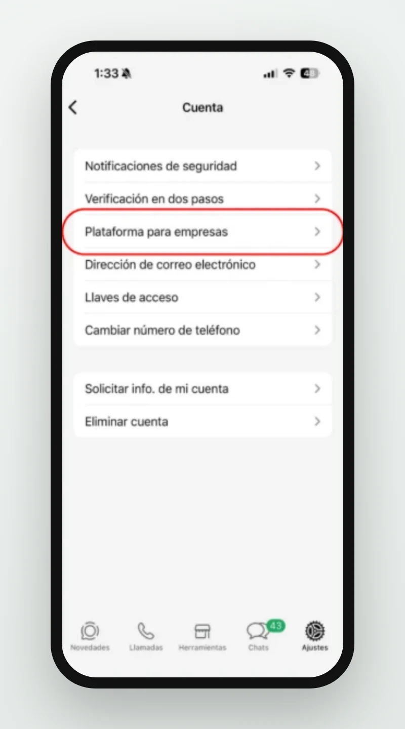 2 de 3: Pantalla Cuenta con la opción Plataforma para empresas resaltada