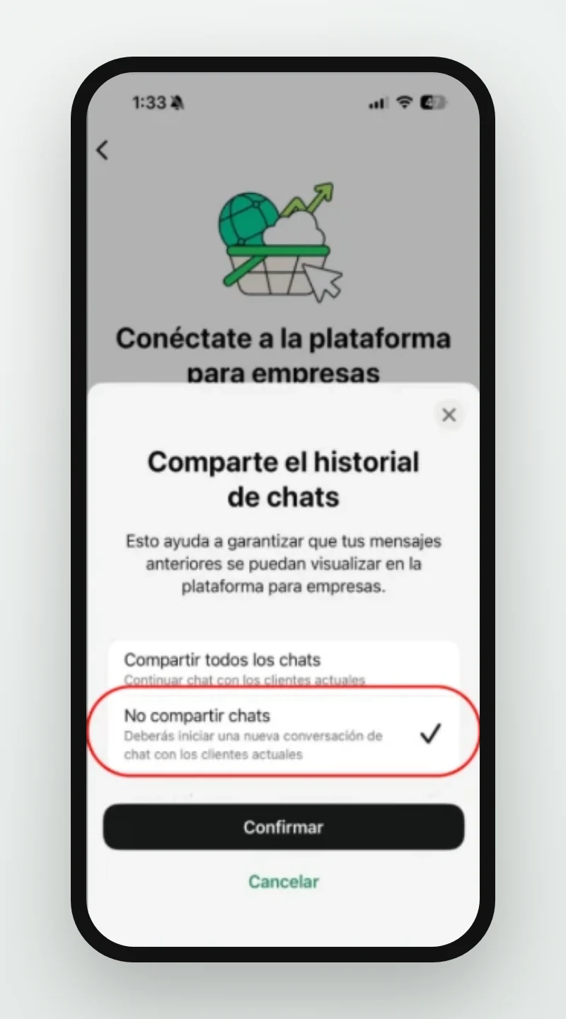 Pantalla Comparte el historial de chats, donde la app pregunta si compartir o no el historial