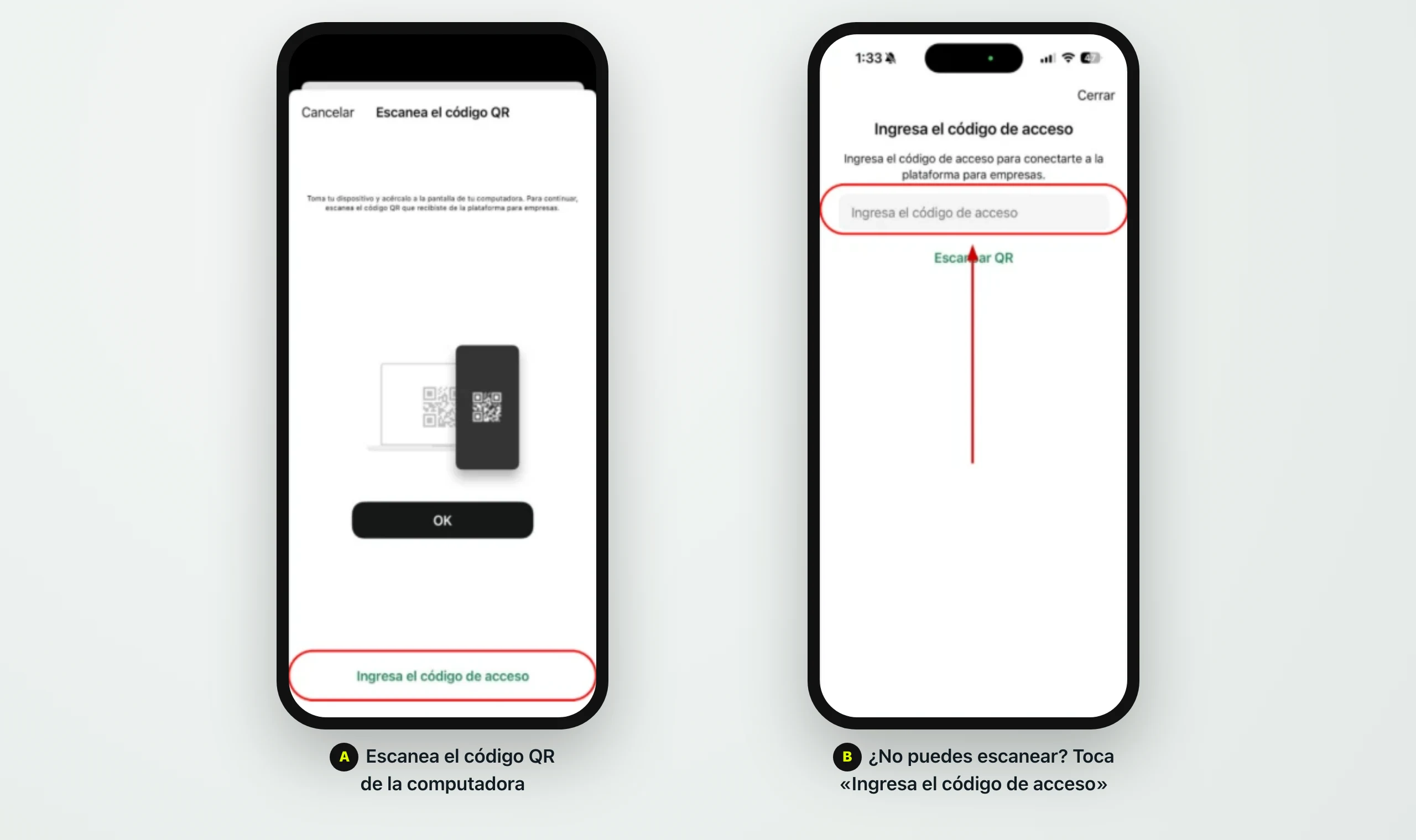 Dos pantallas: escanear el código QR con la opción Ingresa el código de acceso resaltada, y el campo para escribir el código de acceso