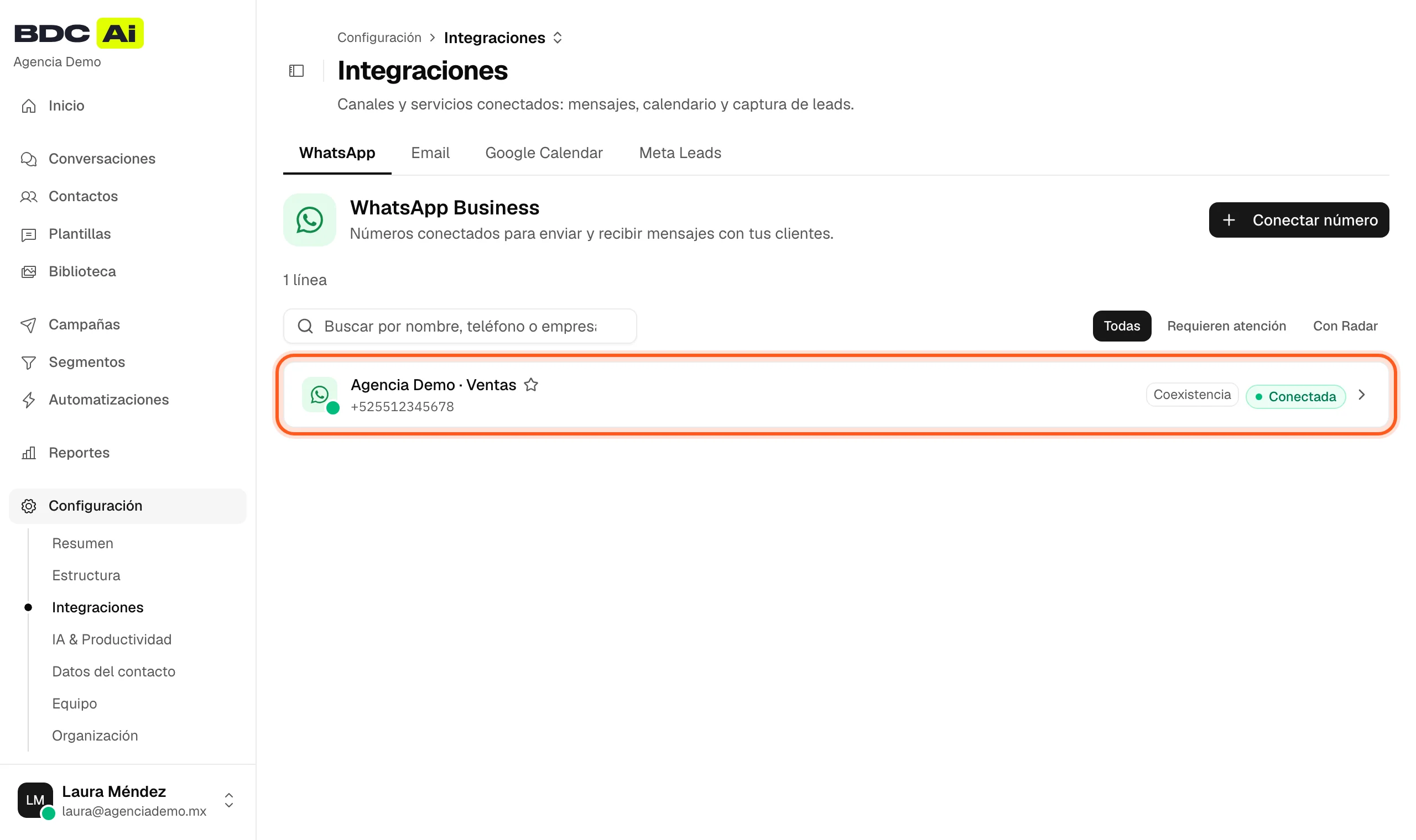 Lista de líneas de WhatsApp en BDC AI con la línea Agencia Demo · Ventas marcada como Coexistencia y Conectada