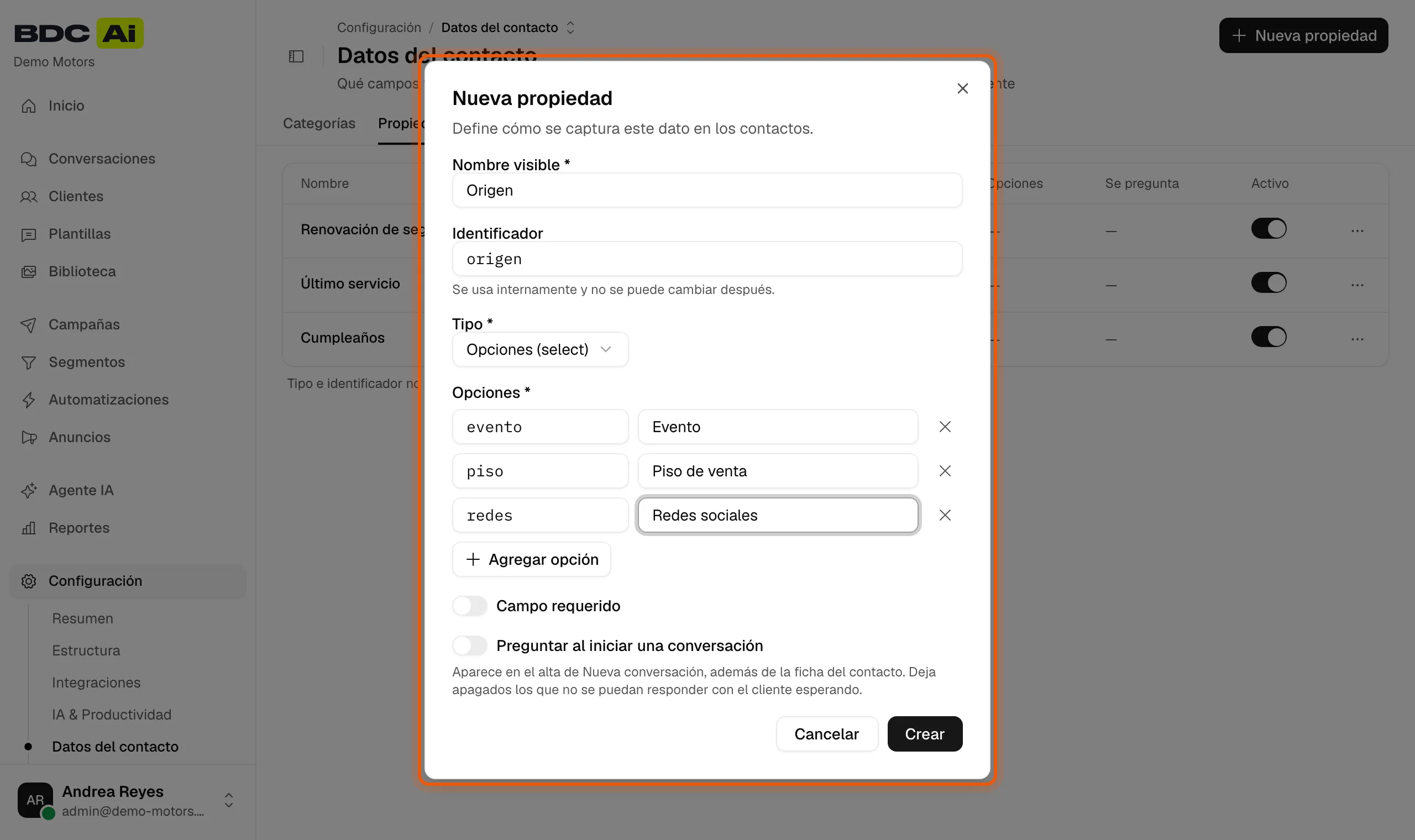 Ventana Nueva propiedad con el nombre Origen, tipo Opciones y las opciones Evento, Piso de venta y Redes sociales, resaltada
