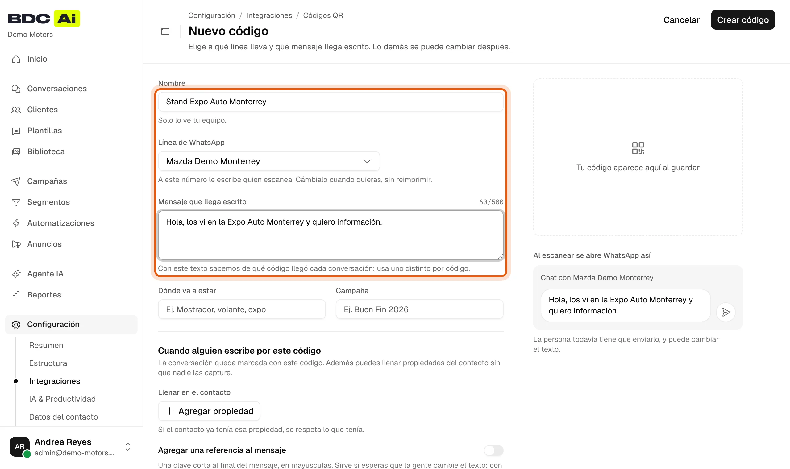 Formulario Nuevo código con Nombre, Línea de WhatsApp y Mensaje que llega escrito llenos y resaltados